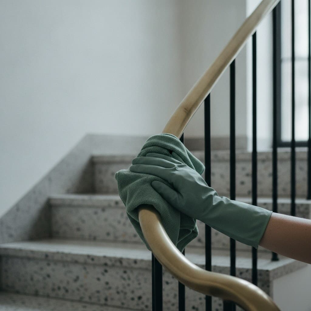 Behandschuhte Hand reinigt den Messing-Handlauf eines Berliner Treppenhauses