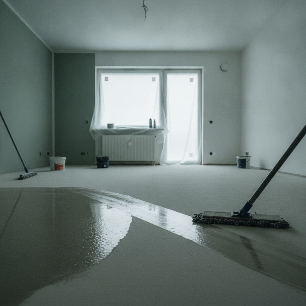 Flachmopp auf frisch gewischtem Estrich in einer sanierten Berliner Wohnung