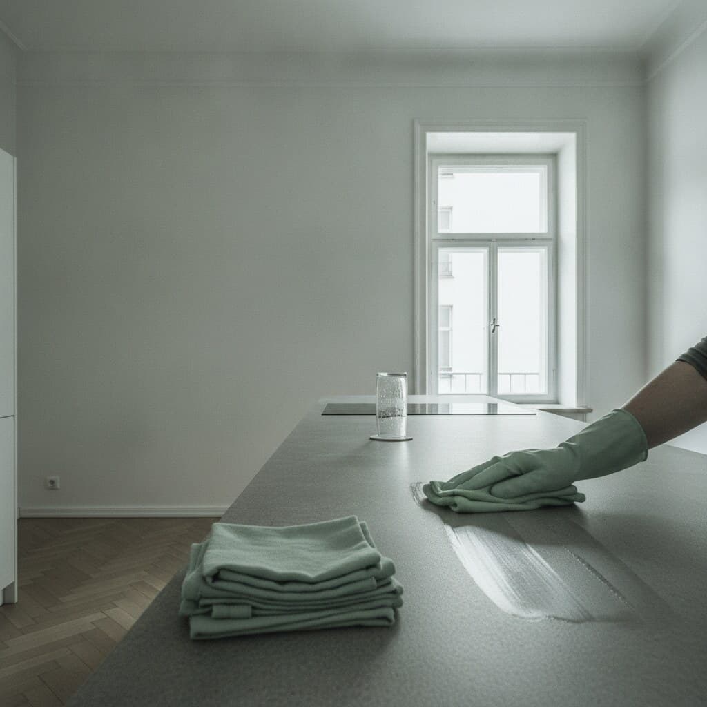 Hand in grünem Handschuh reinigt eine Küchenarbeitsplatte in einer Berliner Altbauwohnung