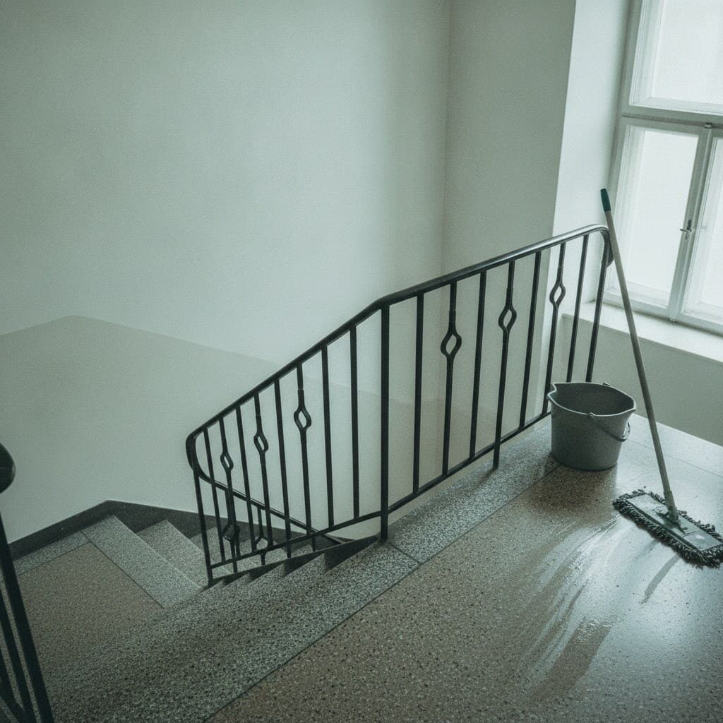 Podest eines Berliner Altbau-Treppenhauses mit Terrazzostufen wird gewischt