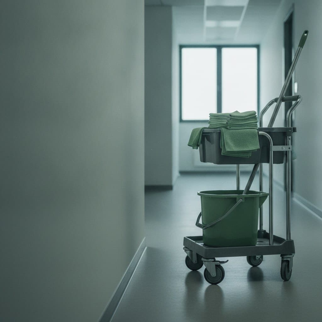 Reinigungswagen mit sortierten Mikrofasertüchern in einem leeren Bürokorridor
