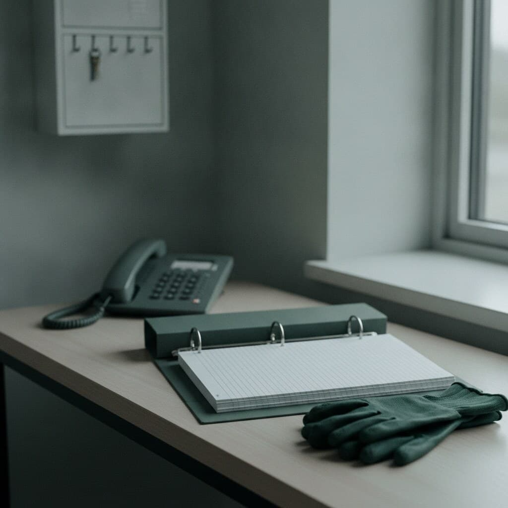 Aufgeräumter Arbeitstisch mit Ordner, Schlüsselschrank und Arbeitshandschuhen